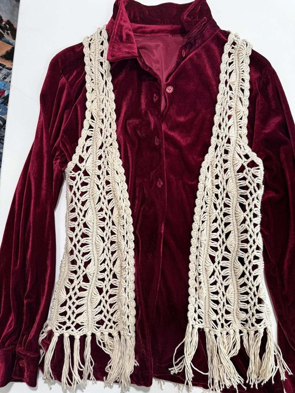 Vintage velvet shirt(L) with Maurices Women's Cream Crochet Fringe Vest Size M